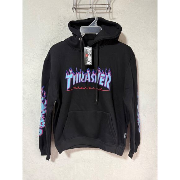 Thrasher Magazine Black Blue Flame Pullover Hoodie Kids XL *NWT